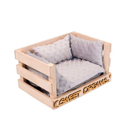 Schachtelhaus mit wasserdichtem grauem Minky-Fleecekissen und FLOP Mini-Kissen für Kleintiere