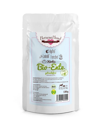 HERZENS HUND (Ente) Bio-Ente getreidefrei Bio-Nassfutter für Katzen 130g - geeignet für Weißbauchigel